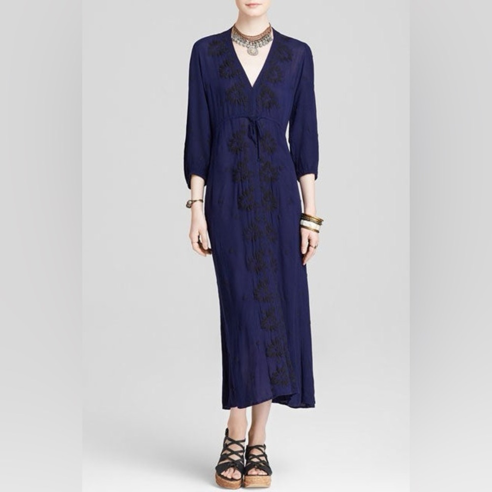 Free People Midi Floral Dress Black And Blue Crotchet Sz XS